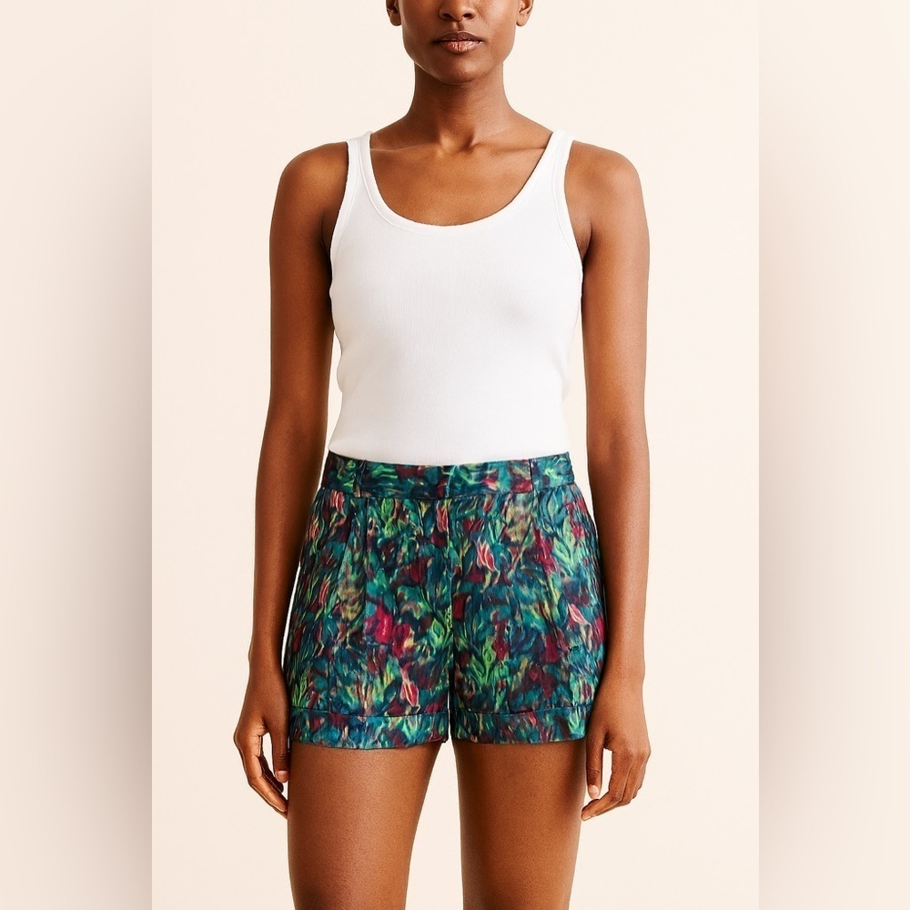 NWT J.Crew Collection Watercolor 100% Silk Shorts green sz 6